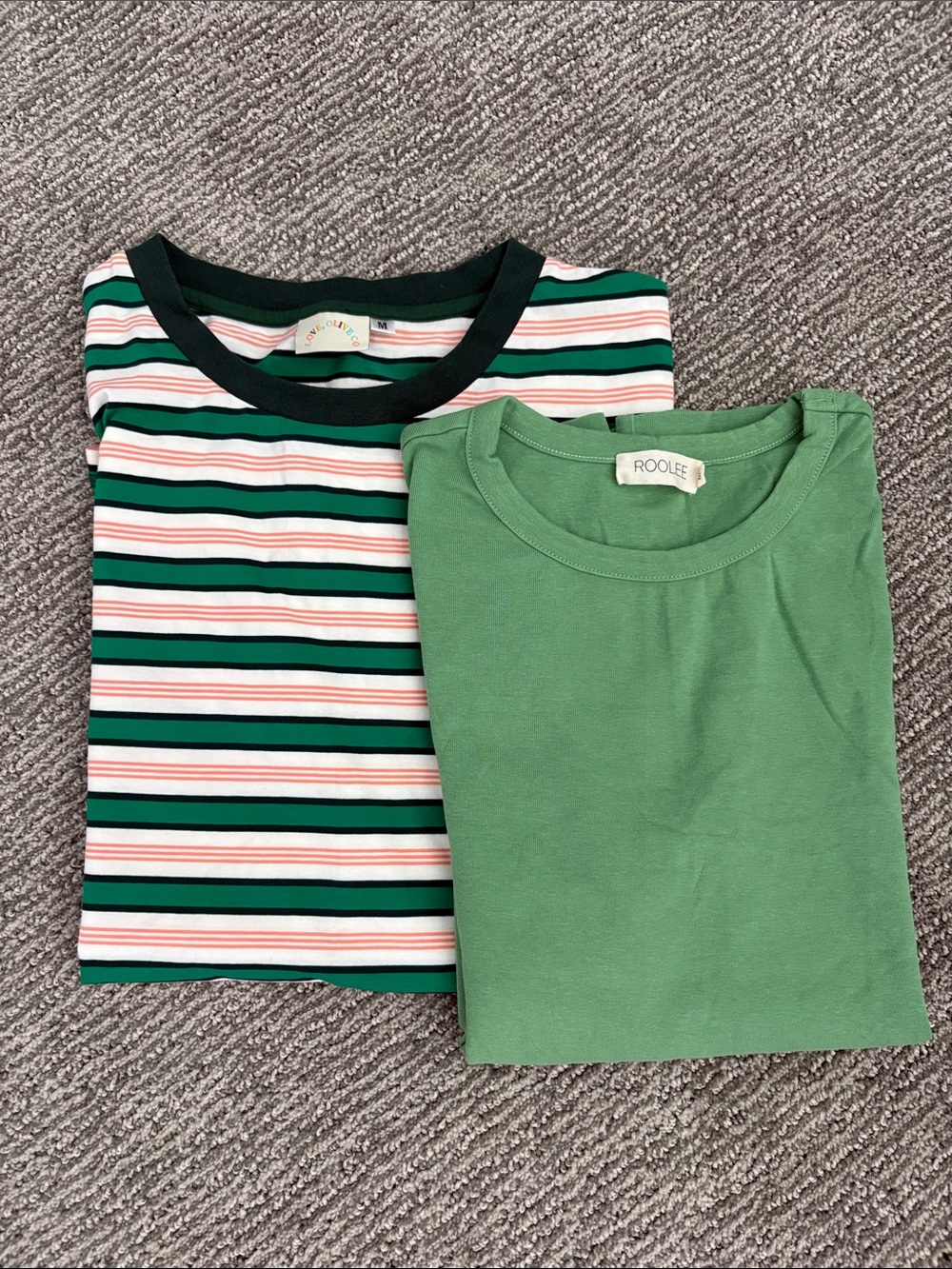 Roolee Green Solid Tee + Love Olive & Co. Green, White, Orange Striped Tee Set - Picture 1 of 1